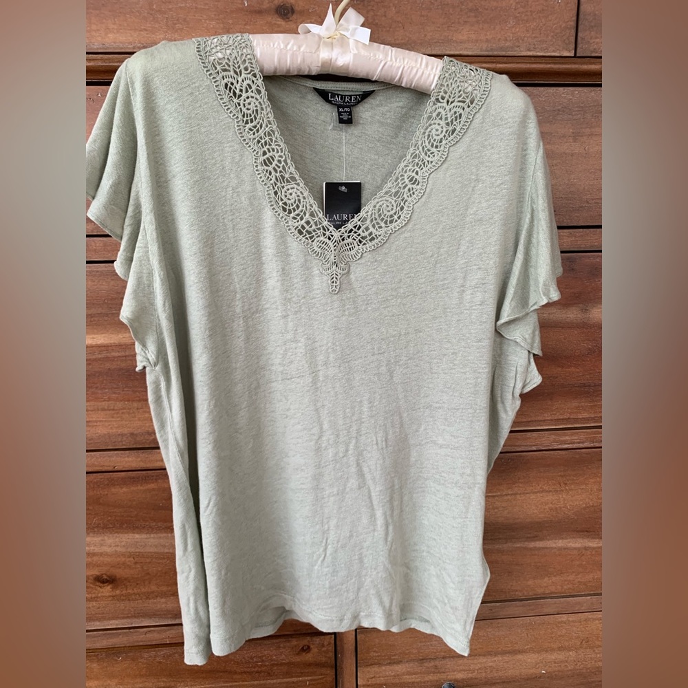FINAL PRICE NWT Ralph Lauren Mint Linen Top: Cotton Lace VNeck Flutter Sleeve XL - Picture 6 of 8